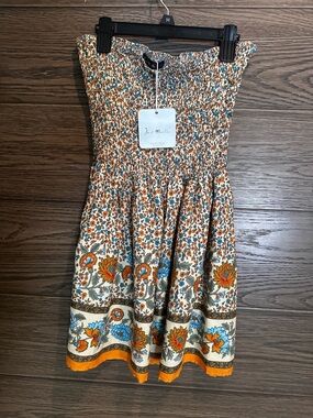 Just Cavalli Strapless Floral Border Mini Dress in Orange, Blue, Cream